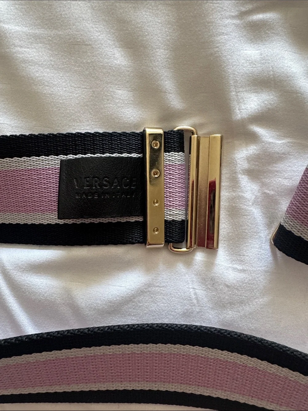 Authentic Versace Pink and Black Elastic Waist Belt with Gold Hardware